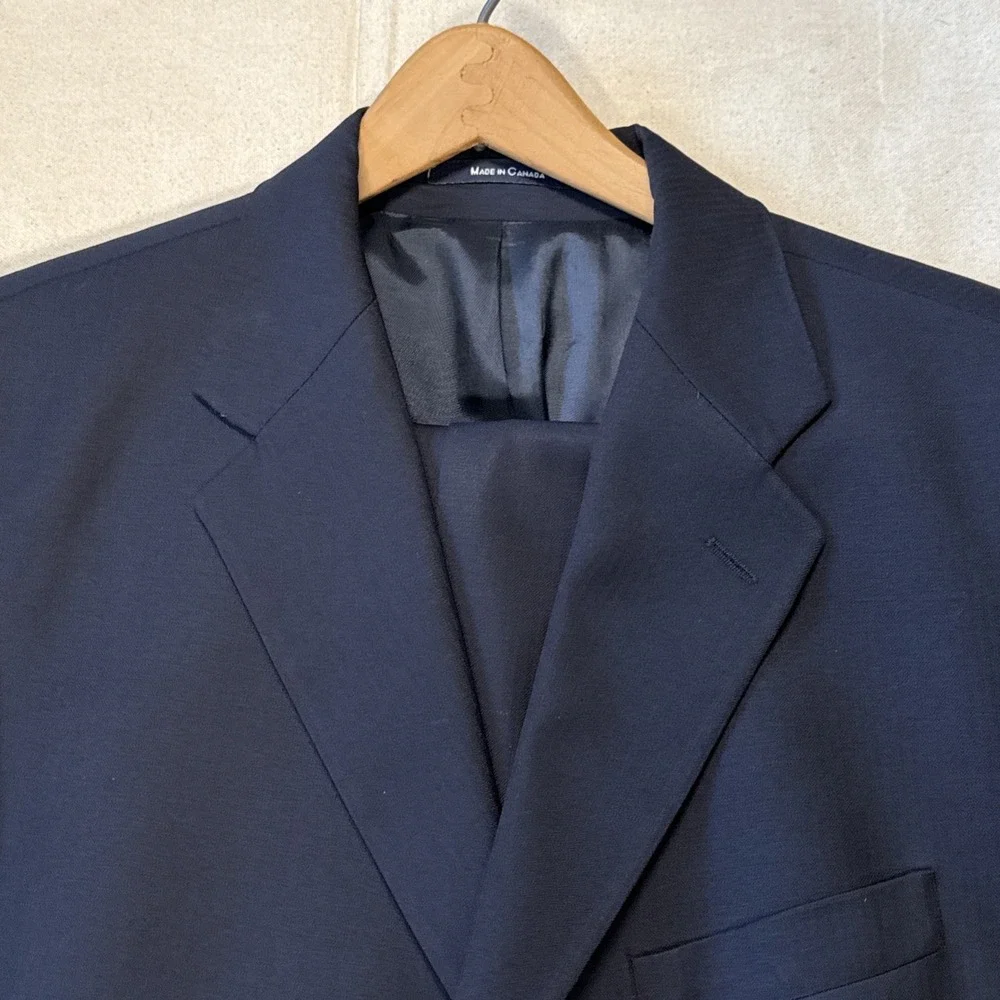 vtg 90s Ralph Lauren Chaps 44R 34x39 Navy 2pc Pant Suit Wool Cuffed Pleated